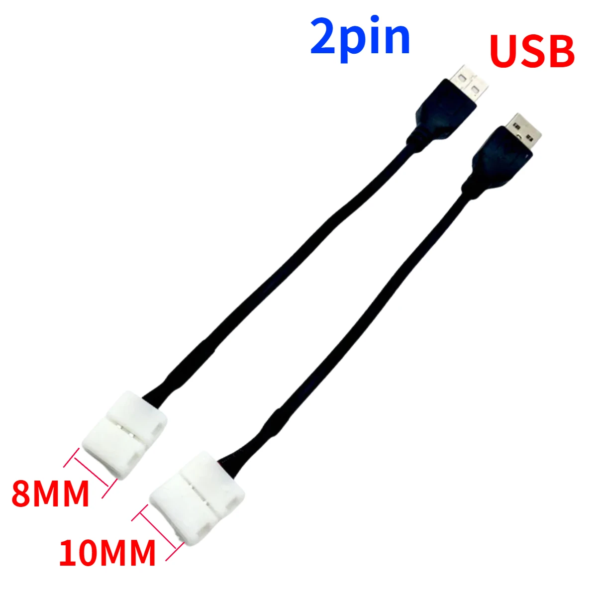 NEW 10-30pcs/lot 2pin 8mm /10mm Free Welding LED Connector to USB Connector 15cm Cable for DC5V 5050 Led Strip Tape Connector