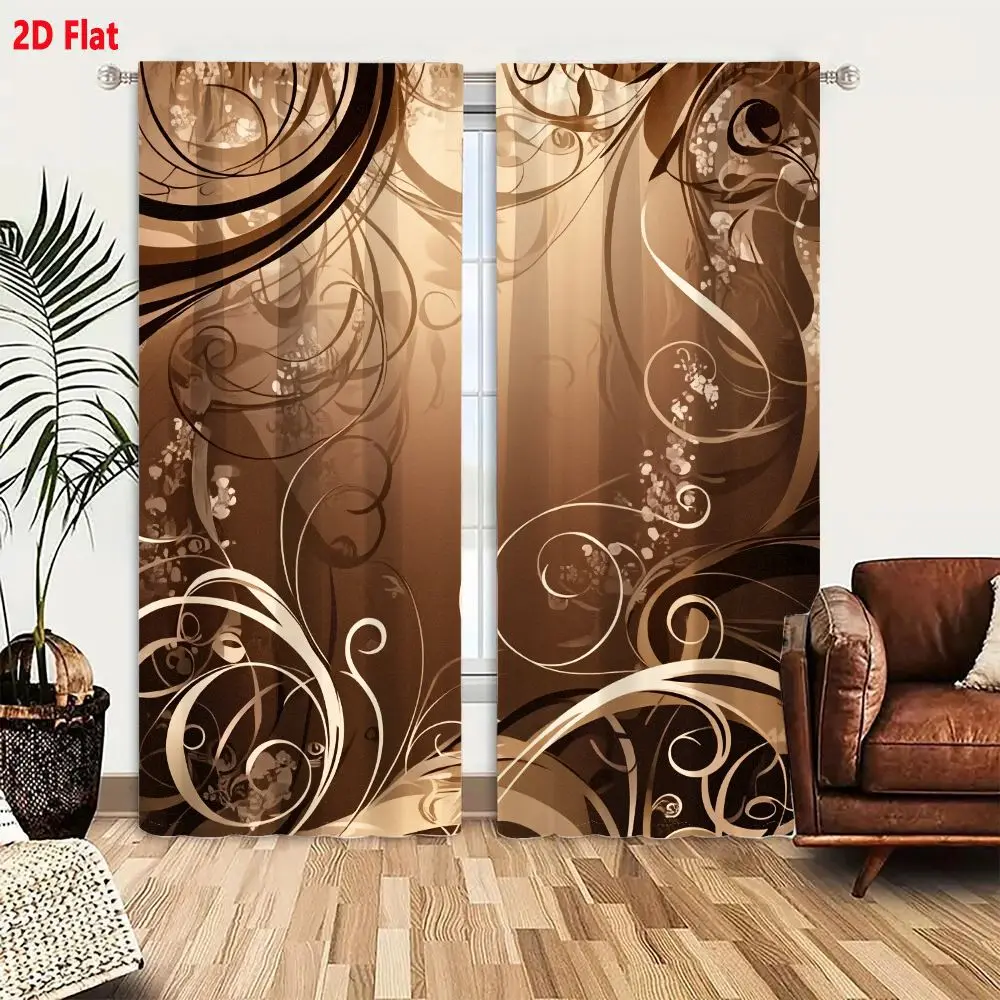 2Pcs Curtains 2D Flat Abstract Warm Monochromatic Background With Elegant Swirling Patterns And Delicate Floral Elements Window