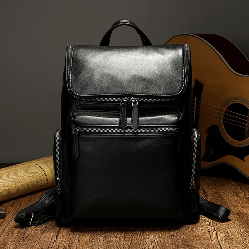 New Fashion Men Genuine Leather Backpack Real Leather Men School Laptop Backpacks Water Repellent Travel Bag Large Capacity