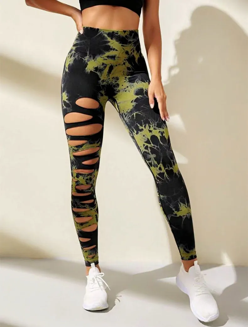 Calças de Yoga Tie Tingido Sem Costura, Oco, Cintura Alta, Secagem Rápida, Esporte Leggings, Levantamento Apertado, Hip Fitness, Ginásio Leggings