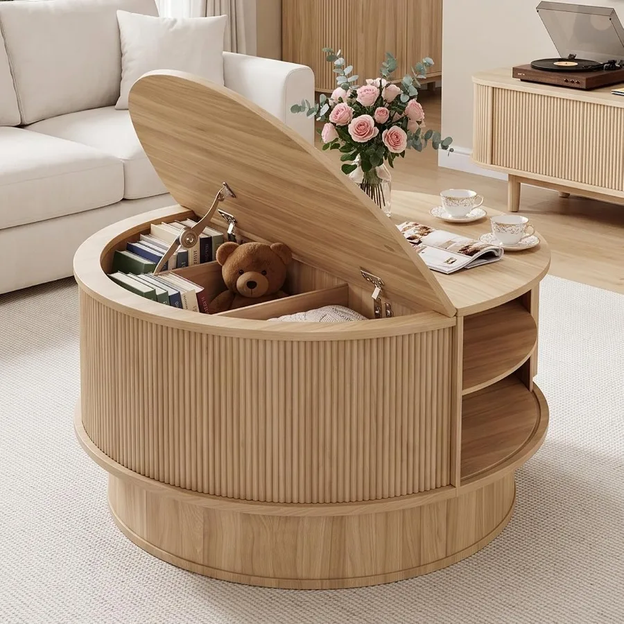 31.5 Round Coffee Table for Living Rooms: Fluted Wood, Natural, Rotating Pedestal + Sliding Door + Open Shelves Storage, Mid-Ce