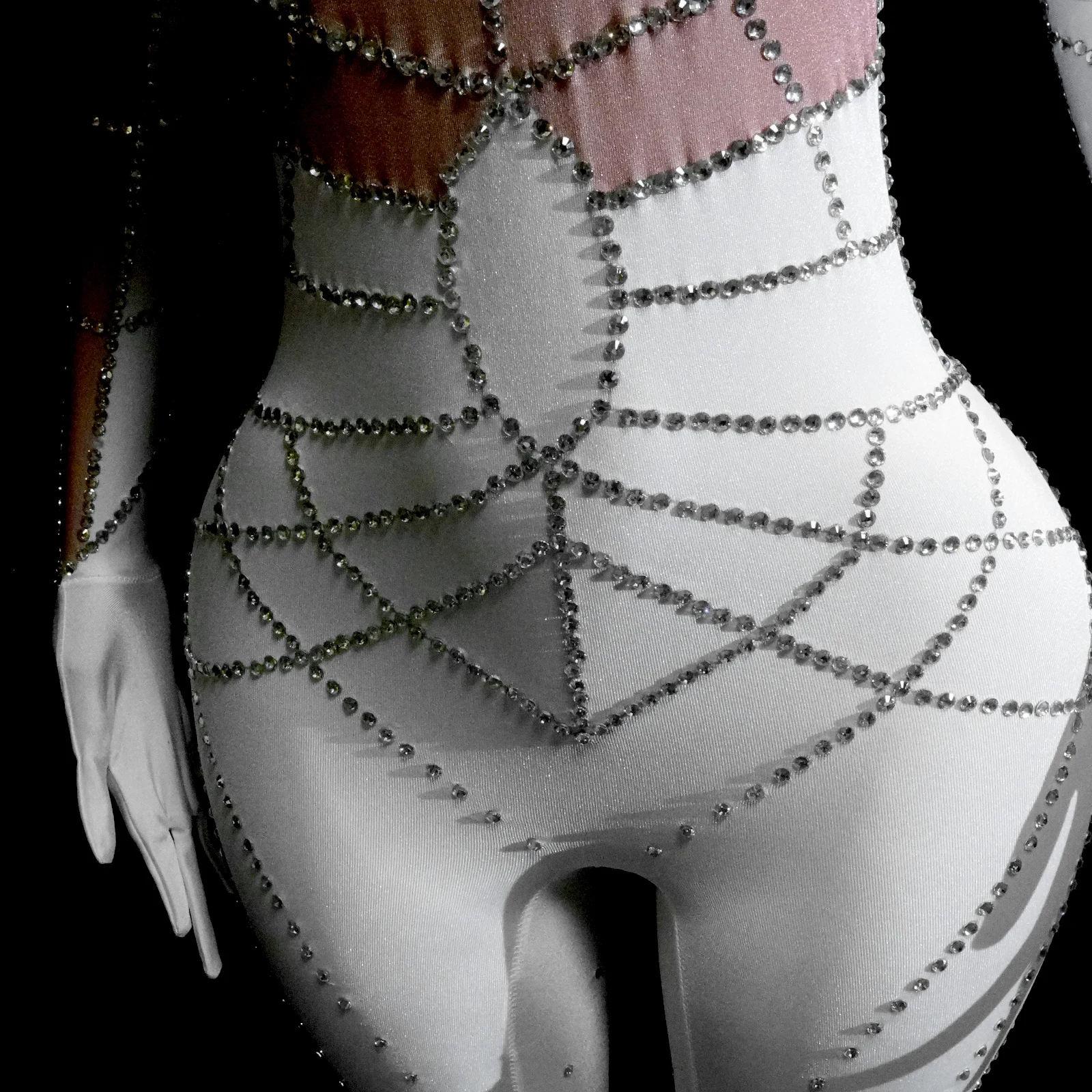 Sparkle White Rhinestones Long Sleeve Jumpsuits Drag Queens Costume Stage Clothes Gogo NightClub Pole Dance Performance Club DS