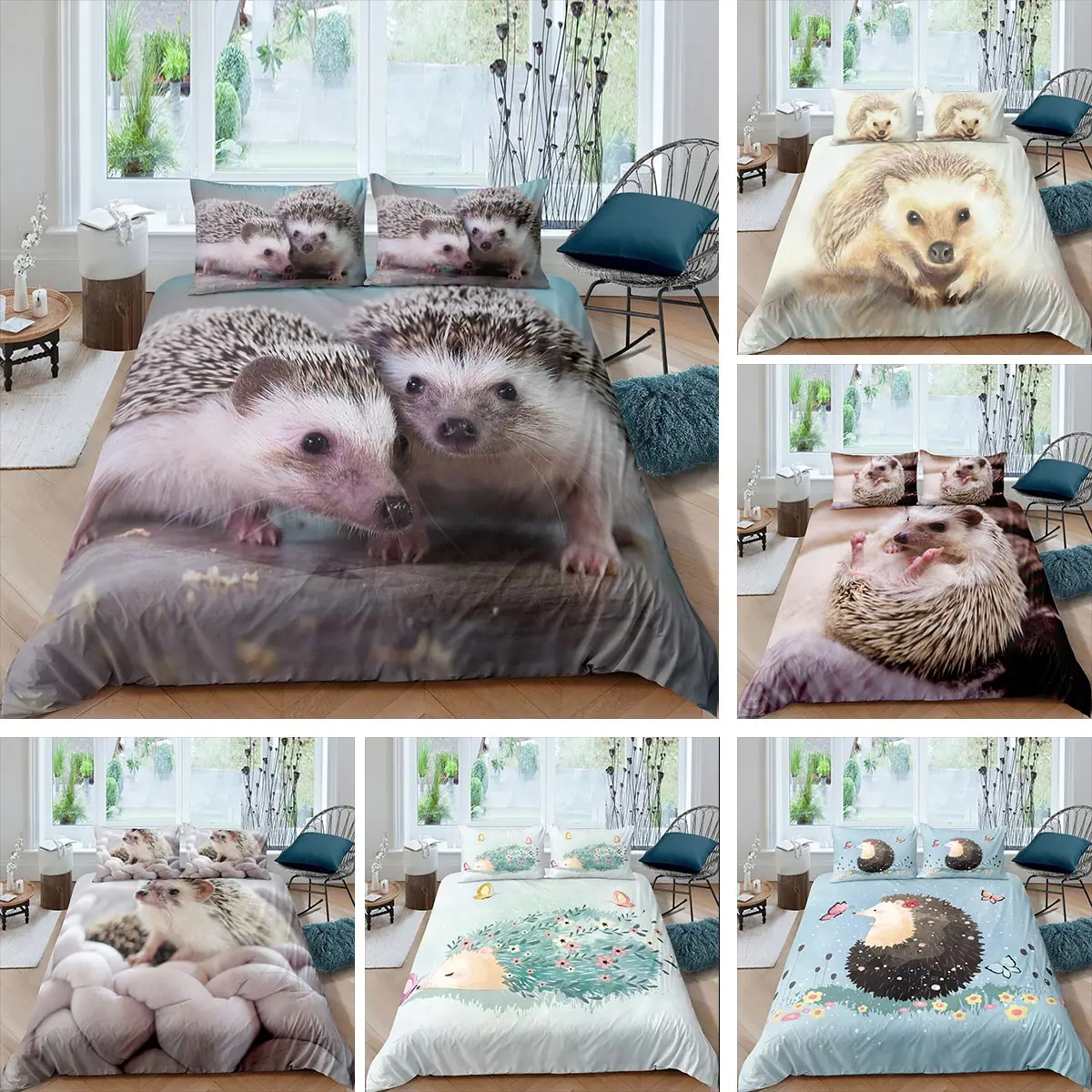 

3d Hedgehog Bedding Set Queen King Size 2/3pc Luxury Animal Comforter/Duvet/Quilt Cover Pillowcase Sets