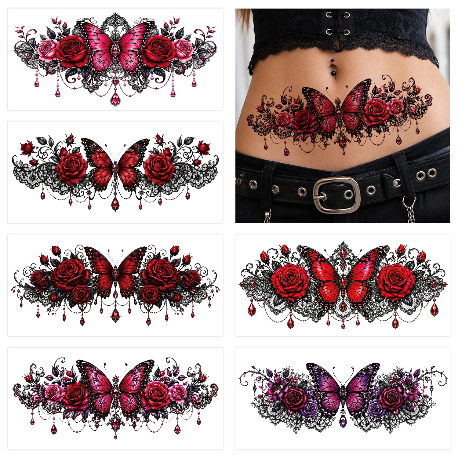 Gothic Large Sexy Lace Red Rose Temporary Tattoos for Women Thigh, Realistic Flower Rose Fake Tattoo Chest Half Arm Sleeve, Colo