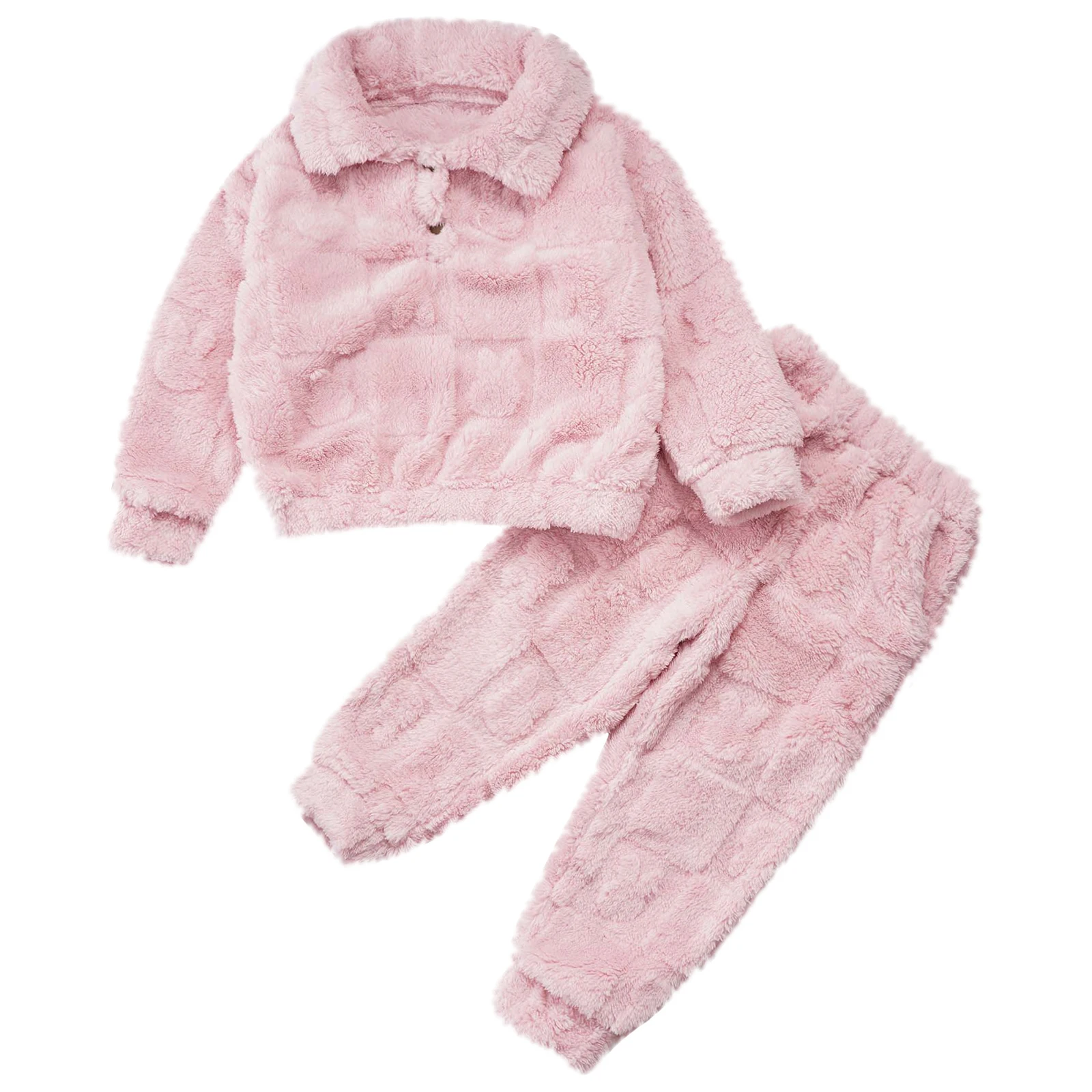 

Boys Girls Soft Warm Thicken Pajama Outfit Winter Long Sleeve Lapel Press Button Tops + Pants Set Homewear Sleepwear Nightwear