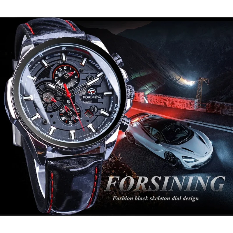 Official brand of free shippingAutomatic 's Leather Belt Three Eyes and Six Needles Mechanical Men's Watch Hot Sa