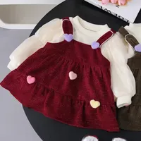 2024 New Girls Fleece Lining  Princess Dress 1-5 Y Baby Children's Heart Puff Sleeve Dress Winter Kid's New Years' Clothing