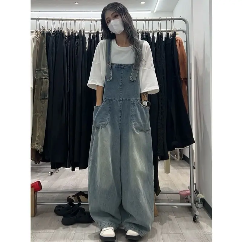 Rompers Straight Leg Denim Overalls for Women Sweet High Waisted Loose Wide Leg Jeans Trend Joggers Womens PantsNew
