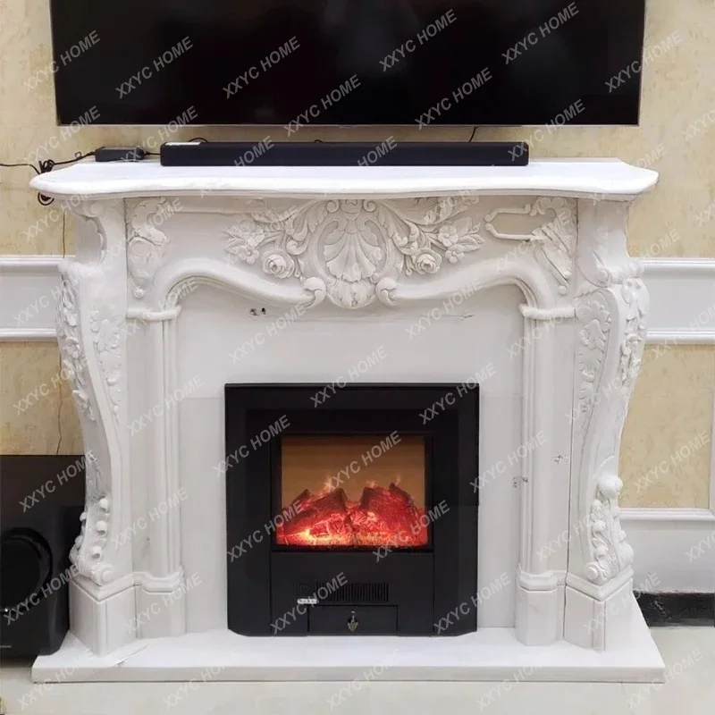 XXMarble fireplace  stone carving  relief flower simple living room background wall  style