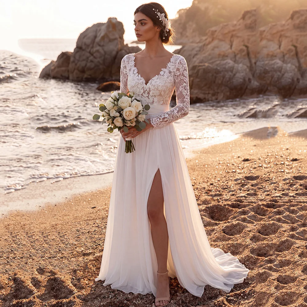 Customized Bohemian Wedding Dress V Neck Lace Long Sleeve A Line Bridal Dress Chiffon High Slit Backless Wedding Gowns