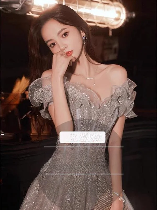 

Ele ey Floor-Length Dr 2025 New Women's Evening Gown for Bridesmaid Host Art Exam Banquet Large Size Dres