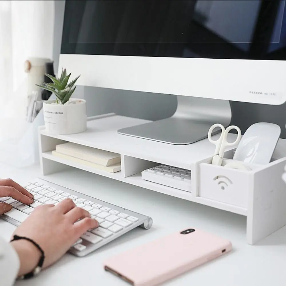 

Easy Assemble PC Computer Screen Stand Multi Compartment Comfortable Viewing Height Wooden Desk Computer Riser Space Saving