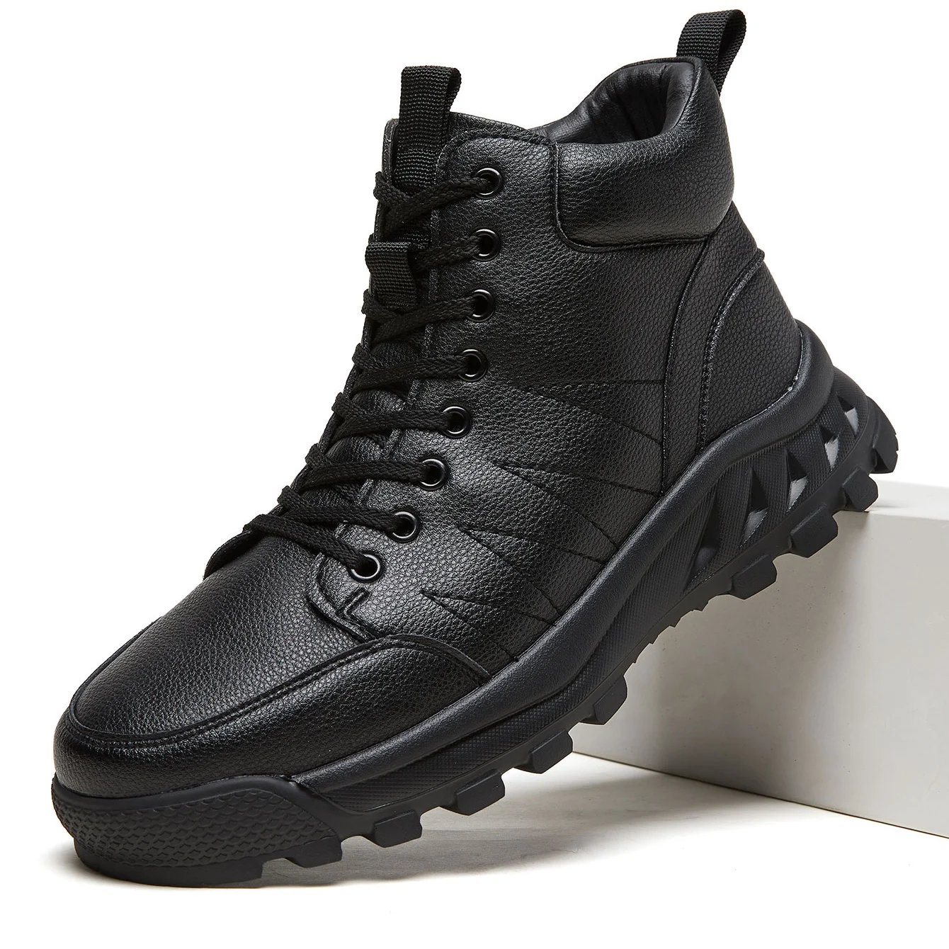 

Men High Top Leather Boots Lace Up Thick Sole Casual Shoes Comfortable Durable Footwear For Outdoor Hiking And Daily Wear