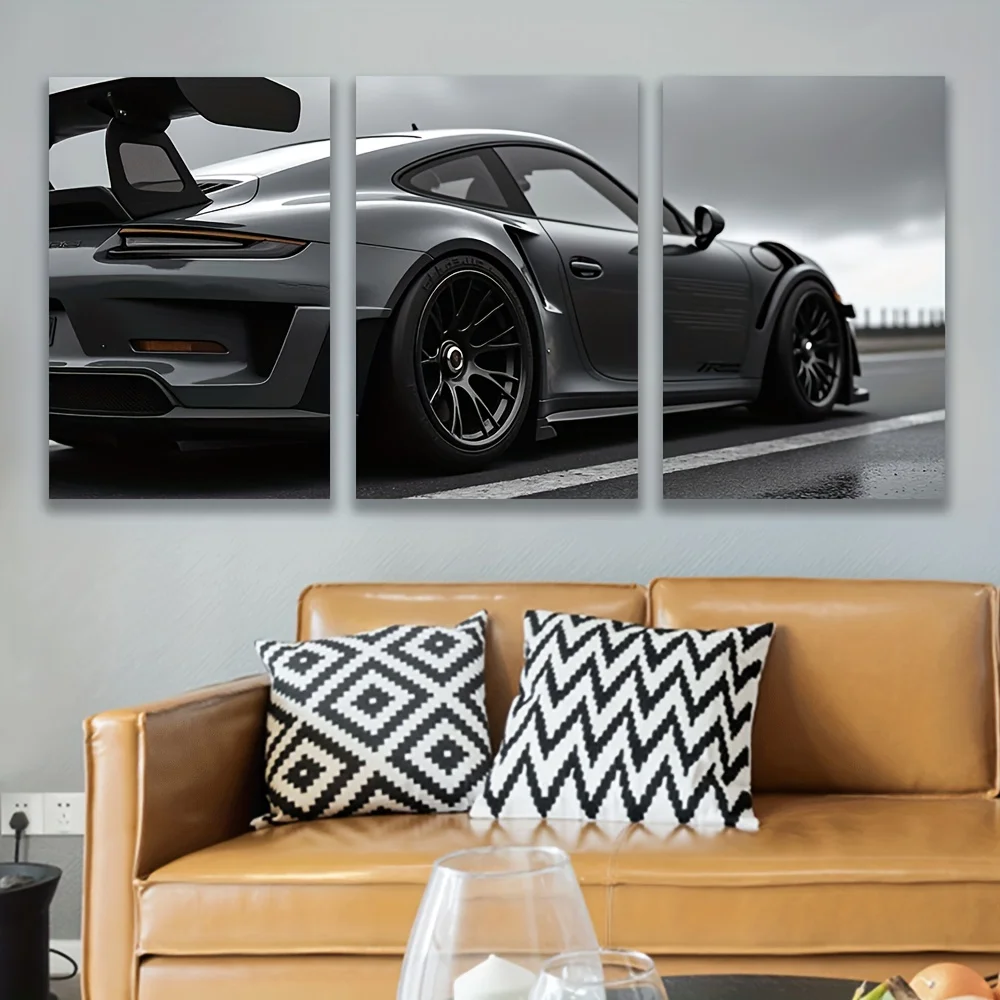 Art mural sur toile sans cadre, 3 pièces, triptyque Vertical pour photographie de voiture de sport noir et blanc, Art déco moderne, Design élégant, haute résolution
