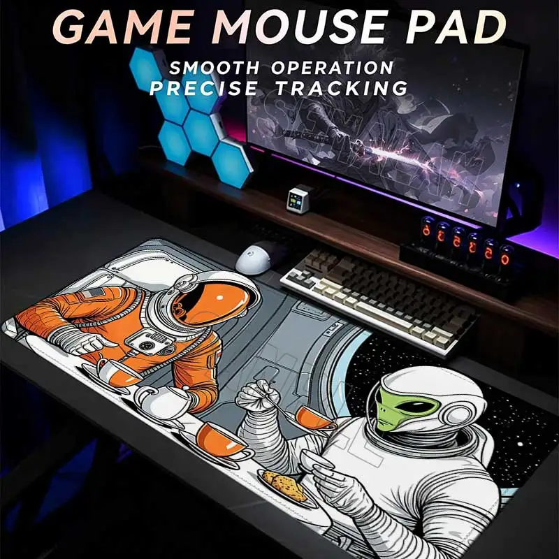 XXL Gaming Mouse Pad Astronauts and Aliens Stitched Edge Non‑slip Rubber 900x400 Desk Mat for PC Laptop E‑sports Office Mousepad