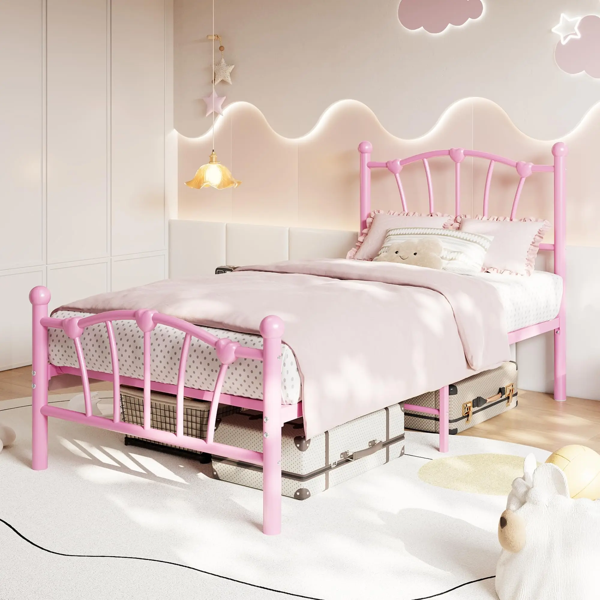 Twin XL Bed Frame Heart Shaped Iron Metal Platform Bed Pink Romantic Girls Bedroom Furniture No Box Spring Needed Easy Assembly