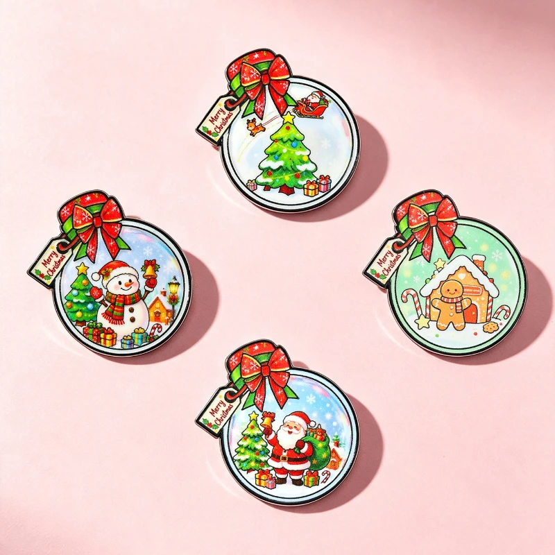 Cartoon Christmas Snowman Santa Round Brooch Fashion Enamel Print Gift Metal Badge Pin DIY Clothing Bags Hat Scarf T-shirt Jeans
