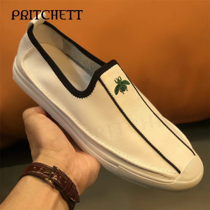 White Genuine Leather Bee Loafers Round Toe Slip-On Trendy Sneakers Fashionable Casual Soft and Comfortable Men's Shoes