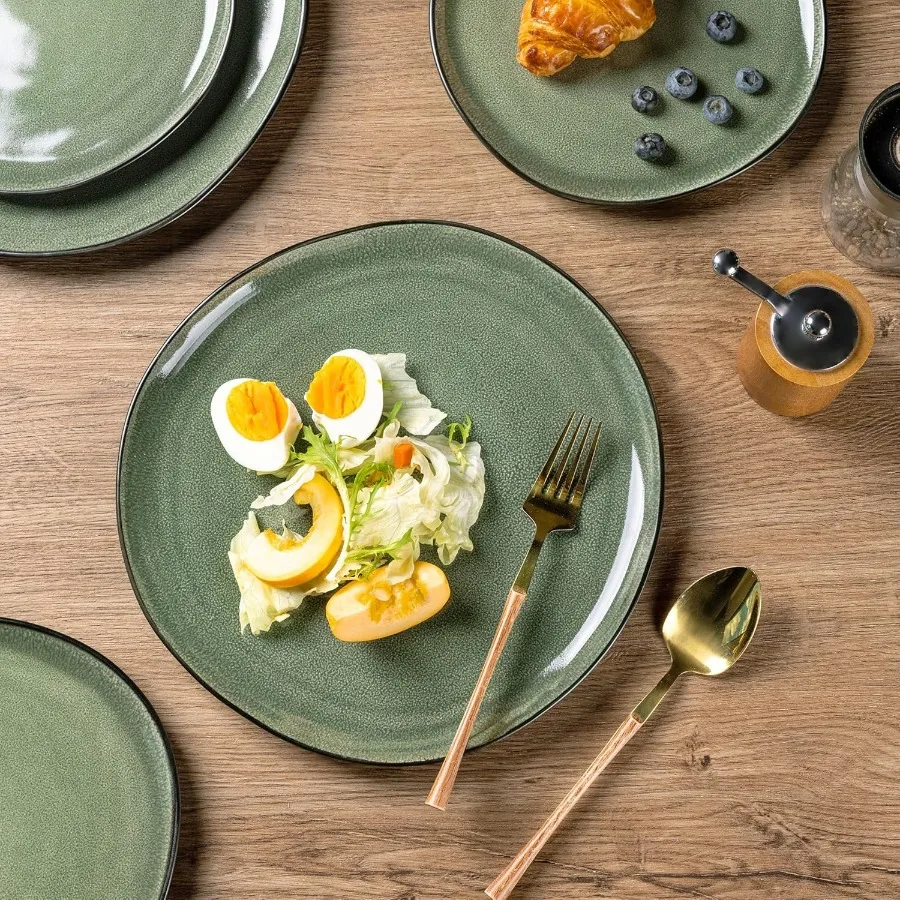 أطقم أواني طعام سيراميك مصنوعة يدويًا مع طلاء تفاعلي لتناول الطعام اليومي والمناسبات الخاصة، رقاقة عالية ومقاومة للشقق