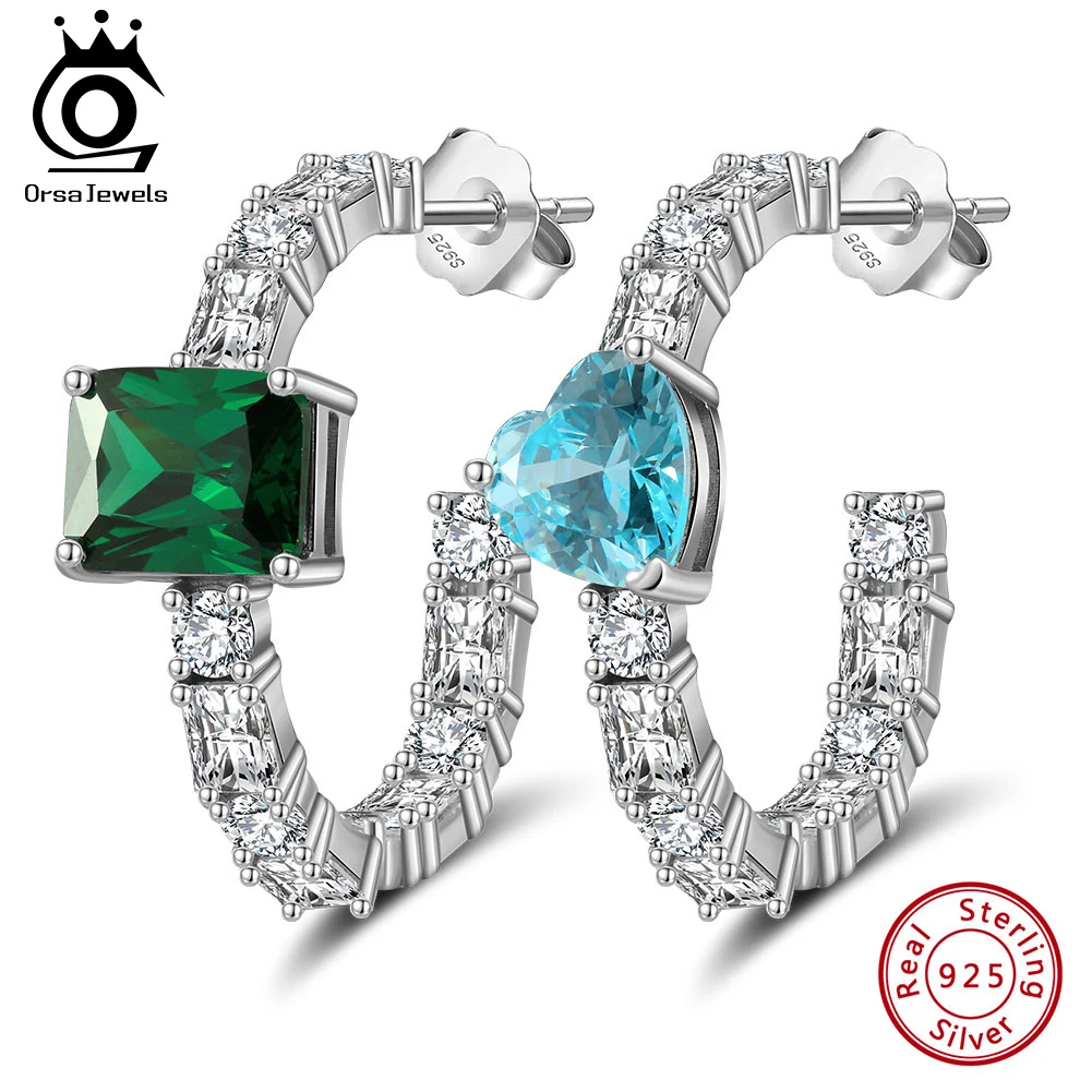 

ORSA JEWELS Vintage 925 Sterling Silver Heart Square Shape Emerald Sapphire Gemstone Hoop Earrings with Full Zircon Gift LZE46