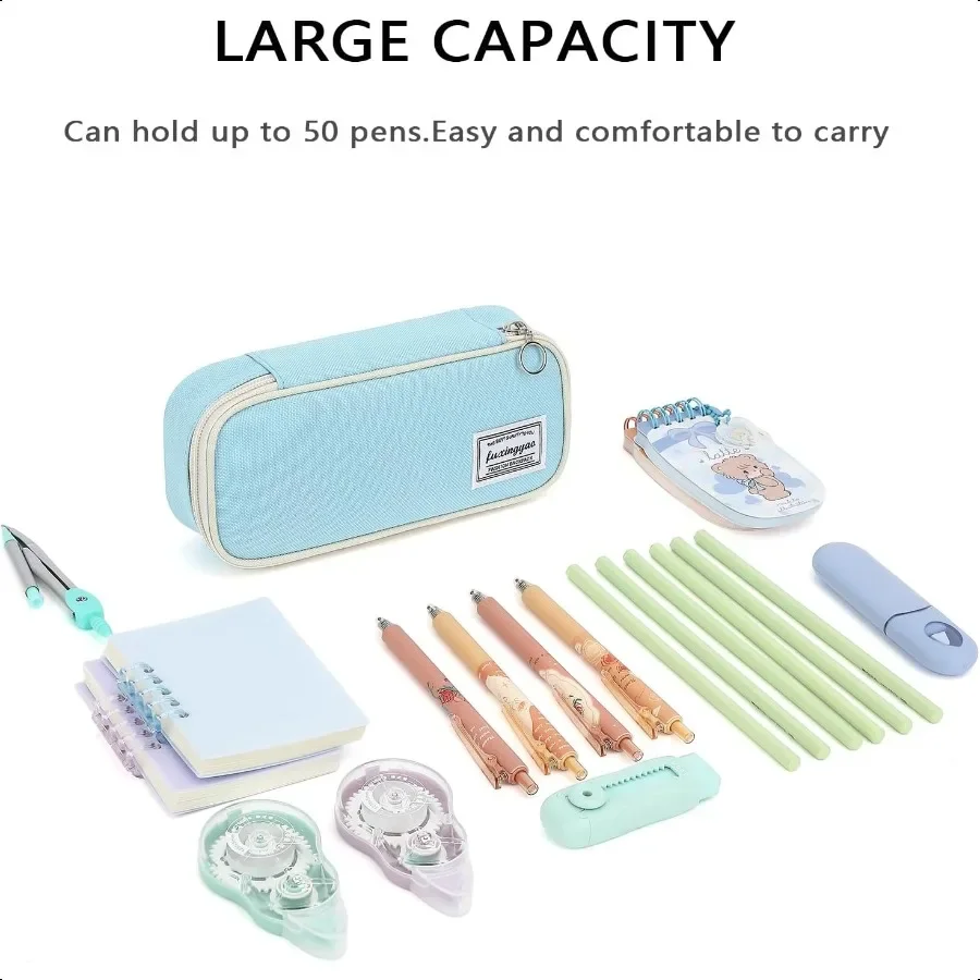 FUXINGYAO Trousse à crayons multi-compartiments Trousse à crayons portable Bleu avec blanc