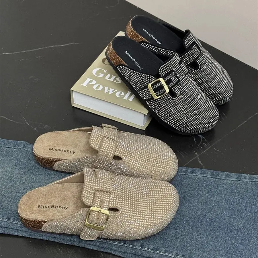 

Женские мюли-слипоны во французском стиле со стразами, с закрытым носком, повседневные, универсальные, для улицы, весна-осень 2026