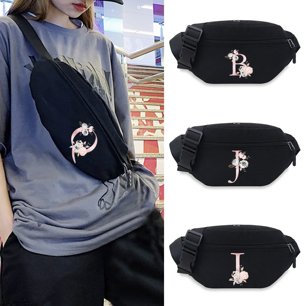 

Outdoor Waist Packs Casual Men Shoulder Bags Running Belt Pouch Fanny Pack Mobile Phone Bag Pink Flower Pattern Canvas Chest Bag