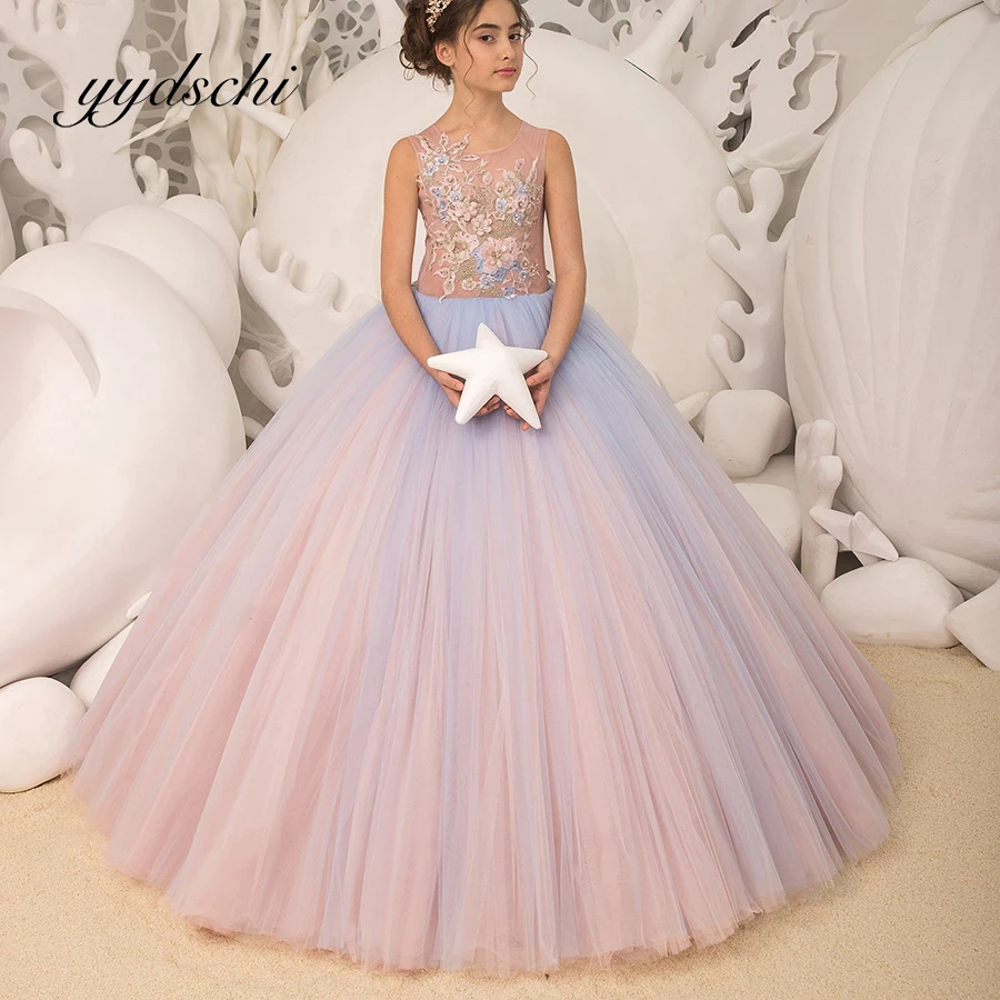

Beading Flower Girl Dress Tulle Lace Appliques Sleeveless Wedding Birthday Ball Gown Floor Length Elegant Party Evening Dress