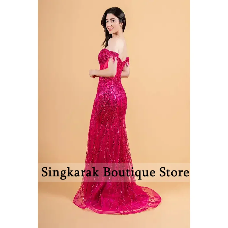 Vestidos de fiesta con cuentas y hombros descubiertos, sirena roja personalizada, abertura lateral, largo hasta el suelo, vestido de graduación con lentejuelas