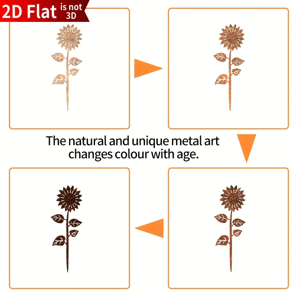 Rustikaler Sonnenblumen-Gartenstecker aus Metall, dekorativ, für den Außenbereich, Hofkunst, Retro-Blumenstecker, Rasenornament, Gartendekorationszubehör – Detail 9
