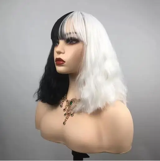 Synthetic Wigs CRUELLA Deville De Vil Cosplay Curly Half White Half Black Heat Resistant Synthetic Hair Wig + Wig Cap