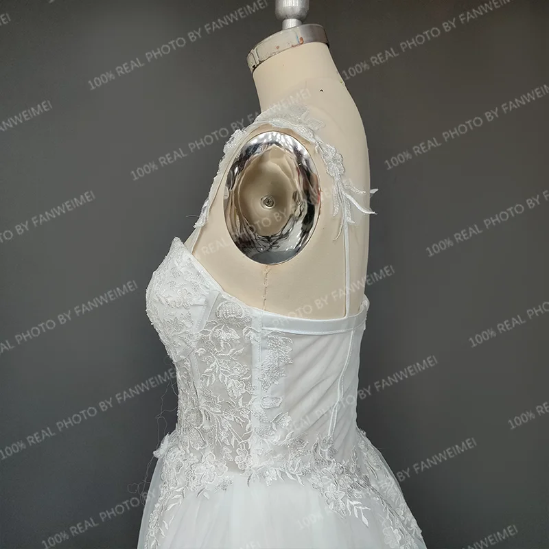 13874 #   Vestido de novia sencillo y personalizado, corte en A, tirantes modernos, apliques de ilusión, vestido de novia con cremallera y espalda descubierta de encaje