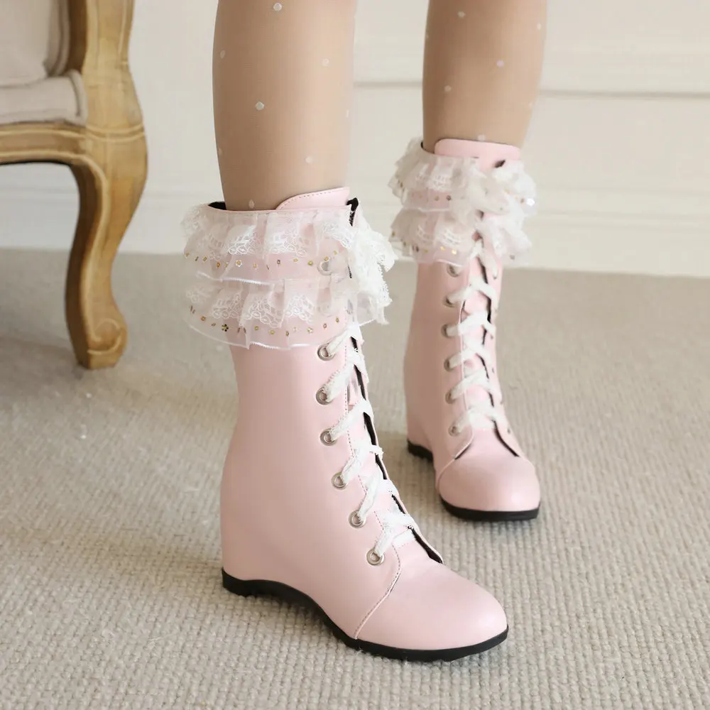 Kobiety Słodkie Koronkowe Buty Dziewczyny Zwiększające Wysokość Obcas Sznurowane Księżniczki Cosplay Buty Okrągłe Palce Do Połowy Łydki Kawaii