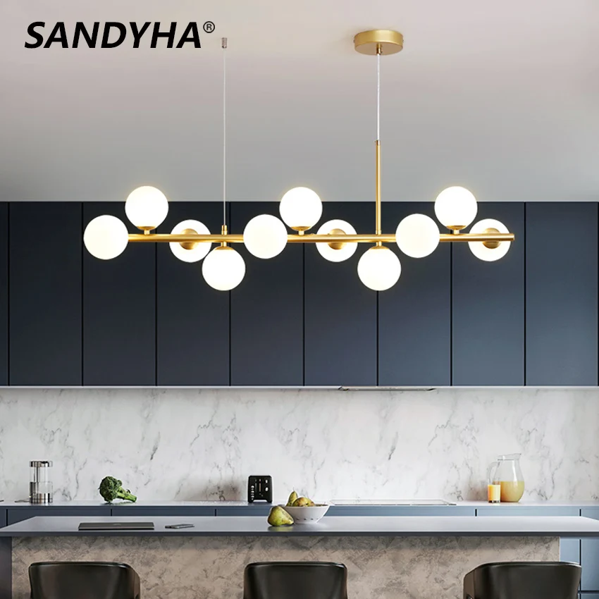 SANDYHA LED Gold Black Pendant Light Modern Glass Ball Chandelier Lighting for Dining Room and Kitchen Island Table Bar Lamp New