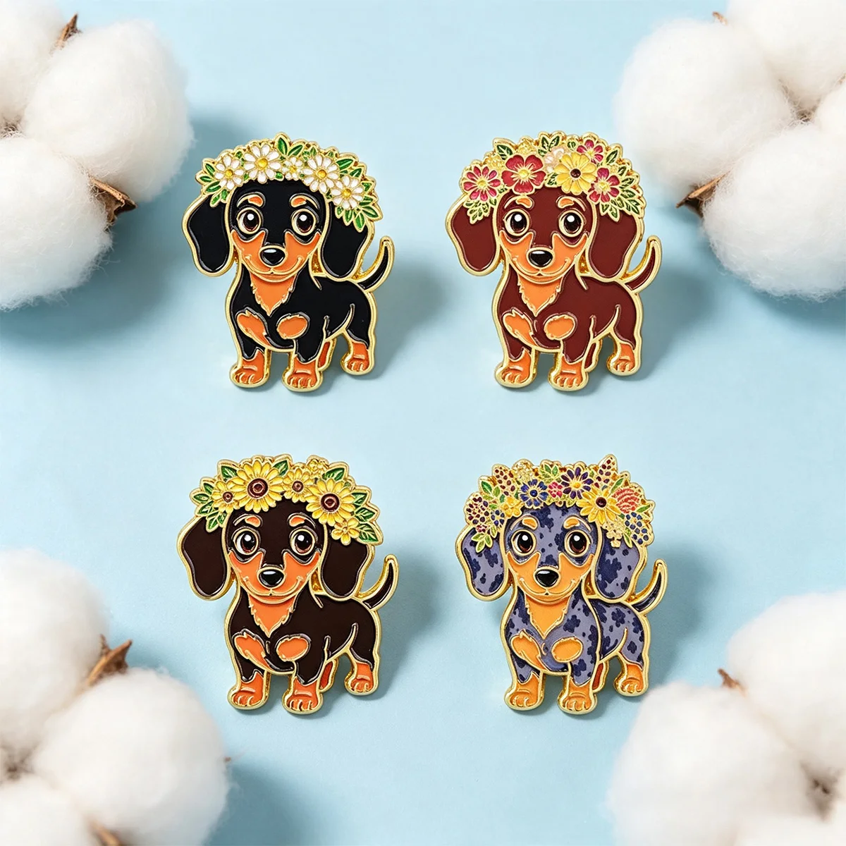 4pcs Funny Dachshund Enamel Pin Set Pretty Flower Puppy Brooches Woman Men Backpack Accessories Bags Badge Lapel Jewelry Gifts