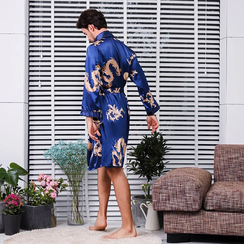 Men Blue Dragon Print Bathrobe Sleepwear Robe And Shorts Set Spring Summer Sleepwear Nightwear Loose Satin Home Wear