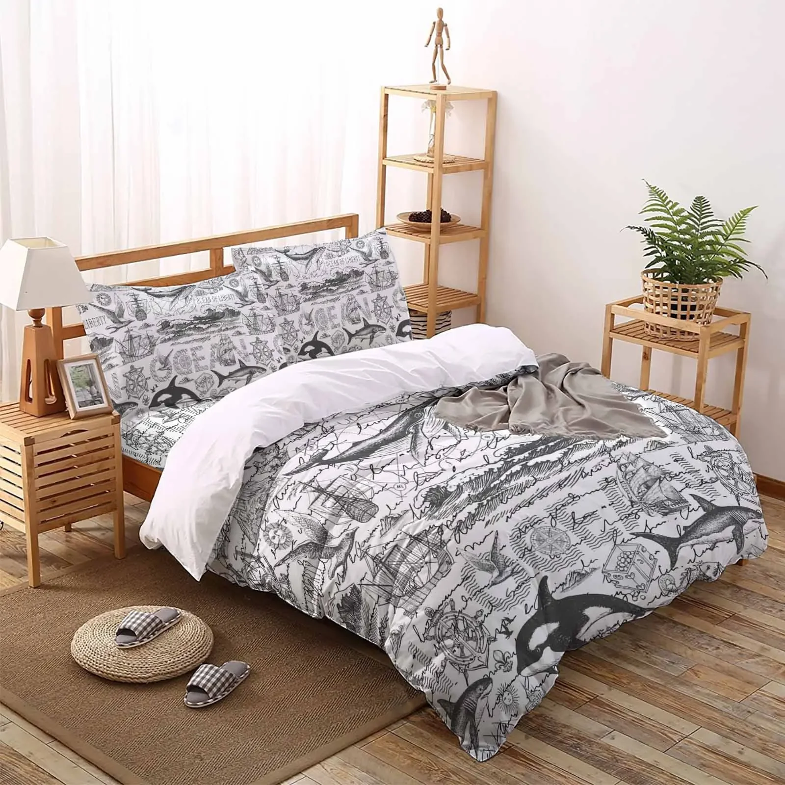 Marine Creatures Dolphins The-4piece Textile Set on the Bed Includes Two Pillowcases One Duvet cases One Bedsheet Customization