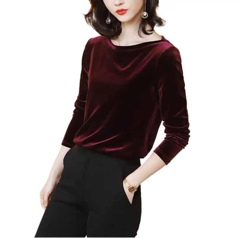 2024 Autunm women fashion elegant velour blouse,Winter velvet shirts black wine  Blusas Tops blusas mujer de moda 2024 blouse