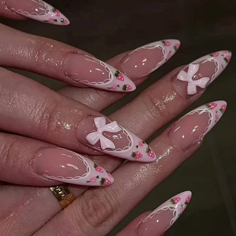 

French Lace Bowknot Strawberry Heart Flowers Almond Fake Nails Art Long Pointed False Nails Rhinestones Press on Nails Manicure