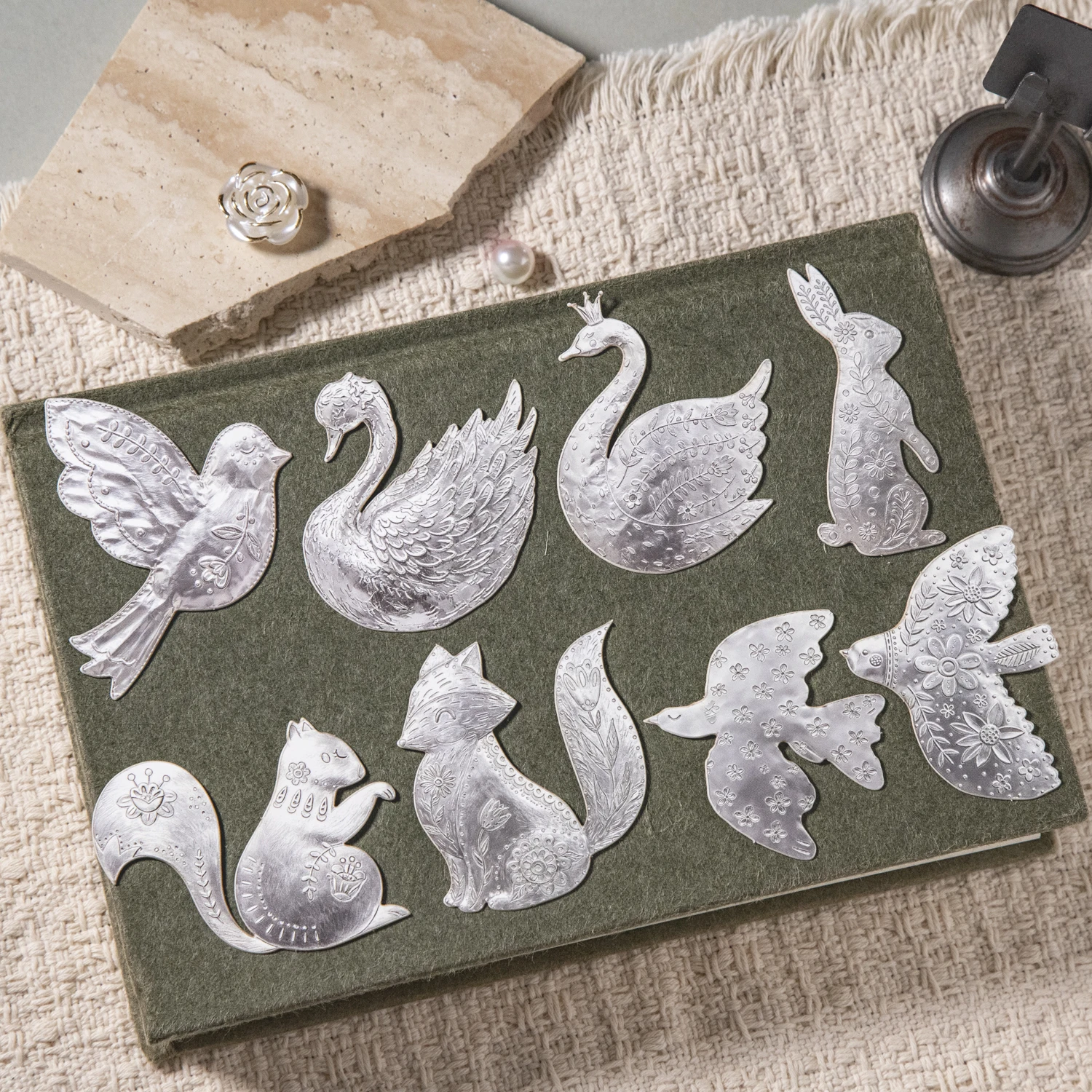 Vintage Silver Flower Tree Animal Label Relief Landscape Sticker Creative DIY Journal Material Collage Scrapbooking Stationery