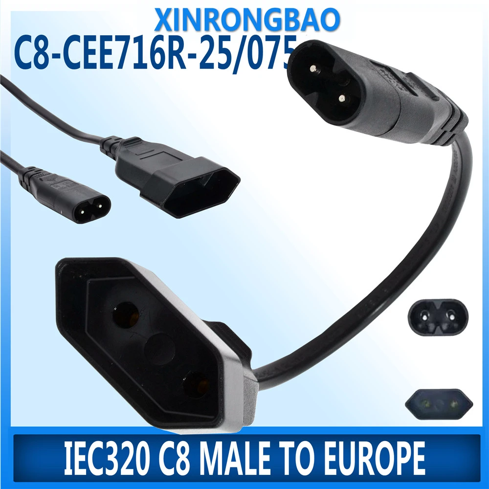 1PCS IEC320 C8 Male to Europe Schoko CEE7/16 Outlet Female socket Power Extension Cable For PDU UPS 25cm 2.5A 0.75MM power cable