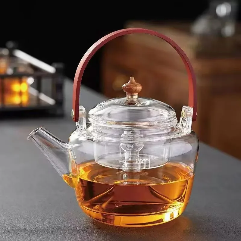 800ml Bamboo Handle Glass Teapot With Tea Strainer Infuser Steaming and Boiling Flower Tea Kettle Kungfu Lifting Beam Tea Pot