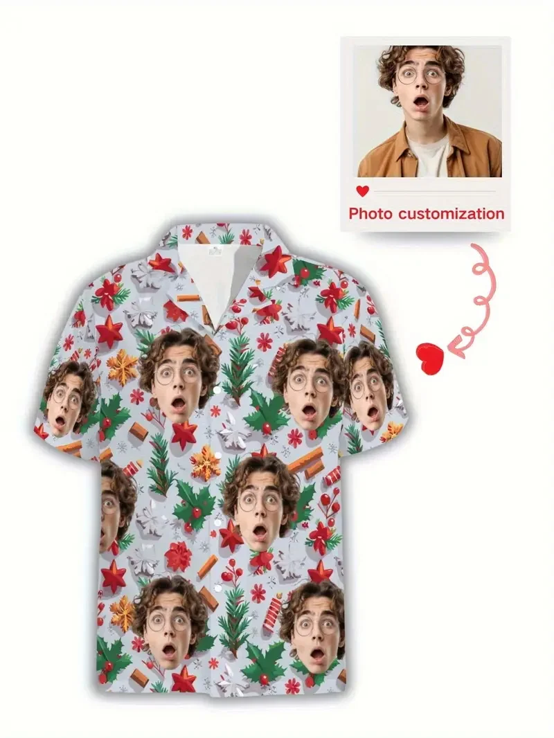 Camisas havaianas com foto personalizada para homens e mulheres, design tropical personalizado de Natal com chapéu de Papai Noel, camisa de praia com botão de rena