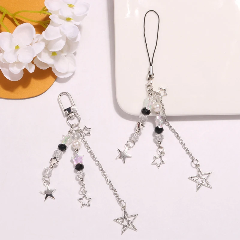 Goth Y2K Phone Charm Star Pearl Keychain Pendant Kawaii Key Chain Bag Beaded Phone Chain Cute Accessory For Girls Women Jewelry