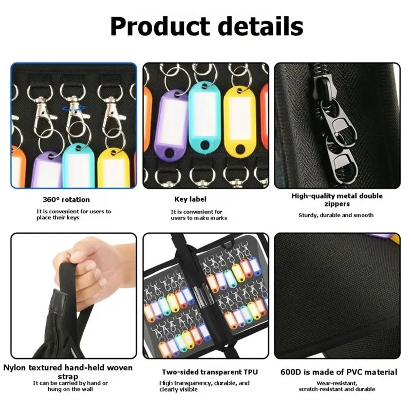 TEXU Zippered Key Organizer Waterproof Key Binder With 24 Hooks And Tags Portable Key Storage Book
