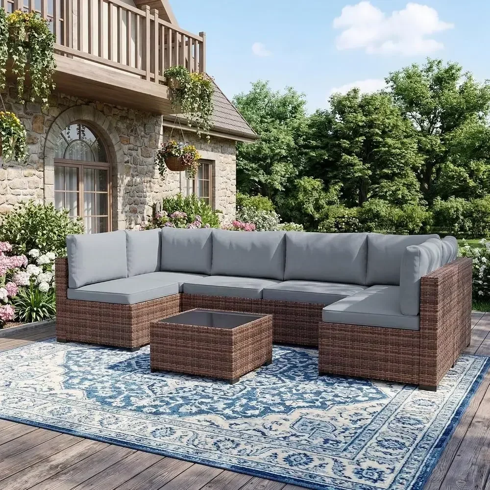 7-Piece Outdoor Wicker Rattan Patio Furniture Set with Rain Cover, Sectional Sofa with Coffee Table, Taupe-Blue