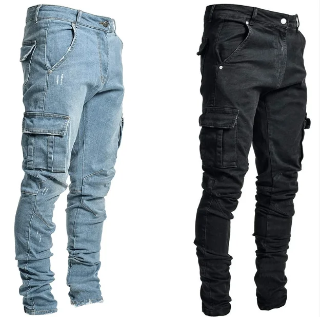 New Men Jeans Wash Solid Color Multi Pockets Denim Mid Waist Cargo Jeans Plus Size Fahsion Casual Trousers Male Daily Wear