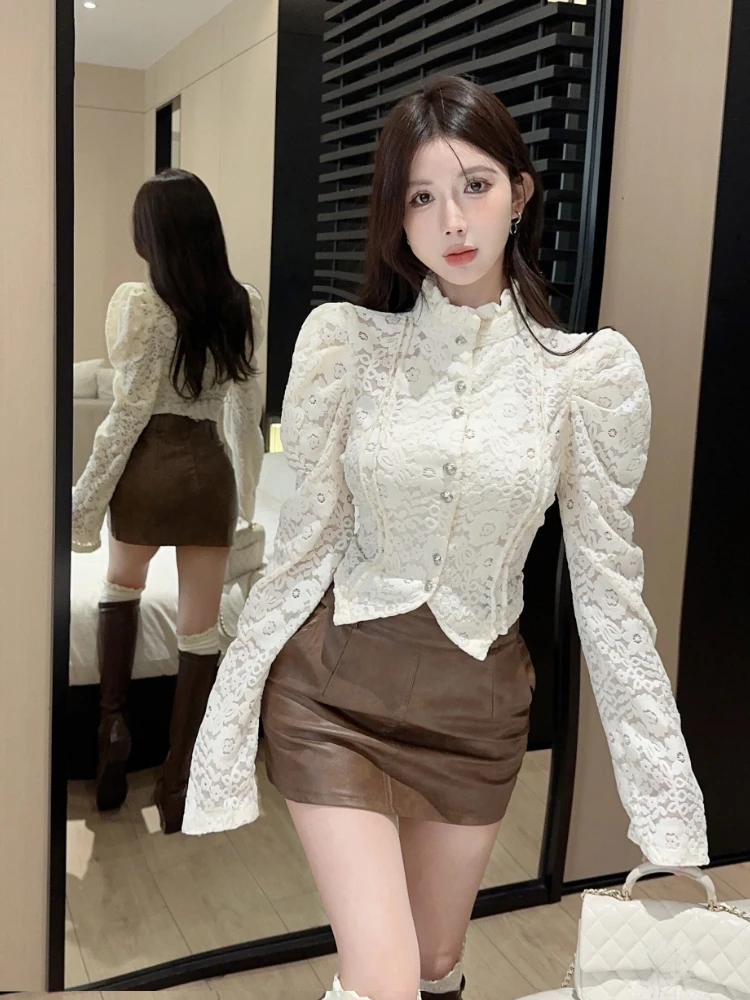 2024 Blusas Mujer De Moda Blouses for Women Puff Sleeve Single Breasted Lace Shirts Sweet Slim Blouse Vintage Crop Tops Female