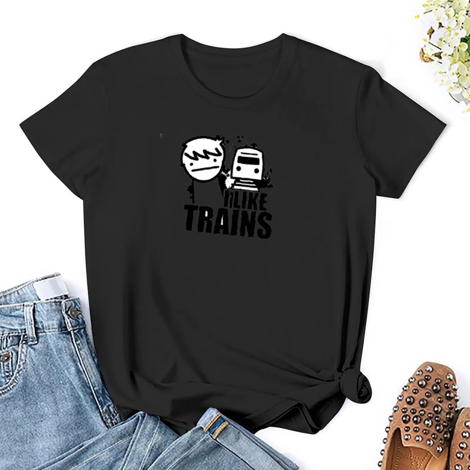 Camiseta I like trains para mujer, ropa kawaii de moda coreana, camisetas negras