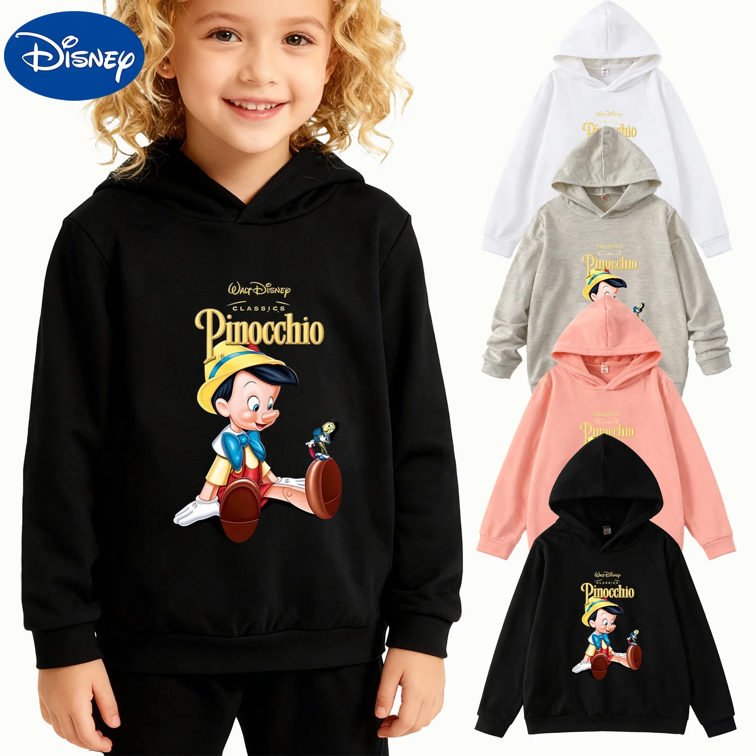 

Boys Girls Kids Hoodie Disney Pinocchio Classic Character Graphic Black Casual Pullover Sweatshirt
